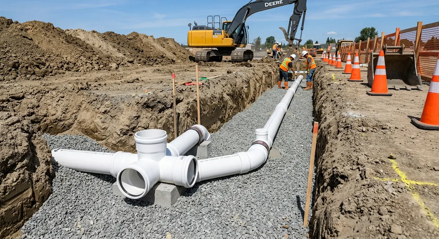 New PVC sewer pipe installation in open trench for Commercial Drain Cleaning in Santa Fe