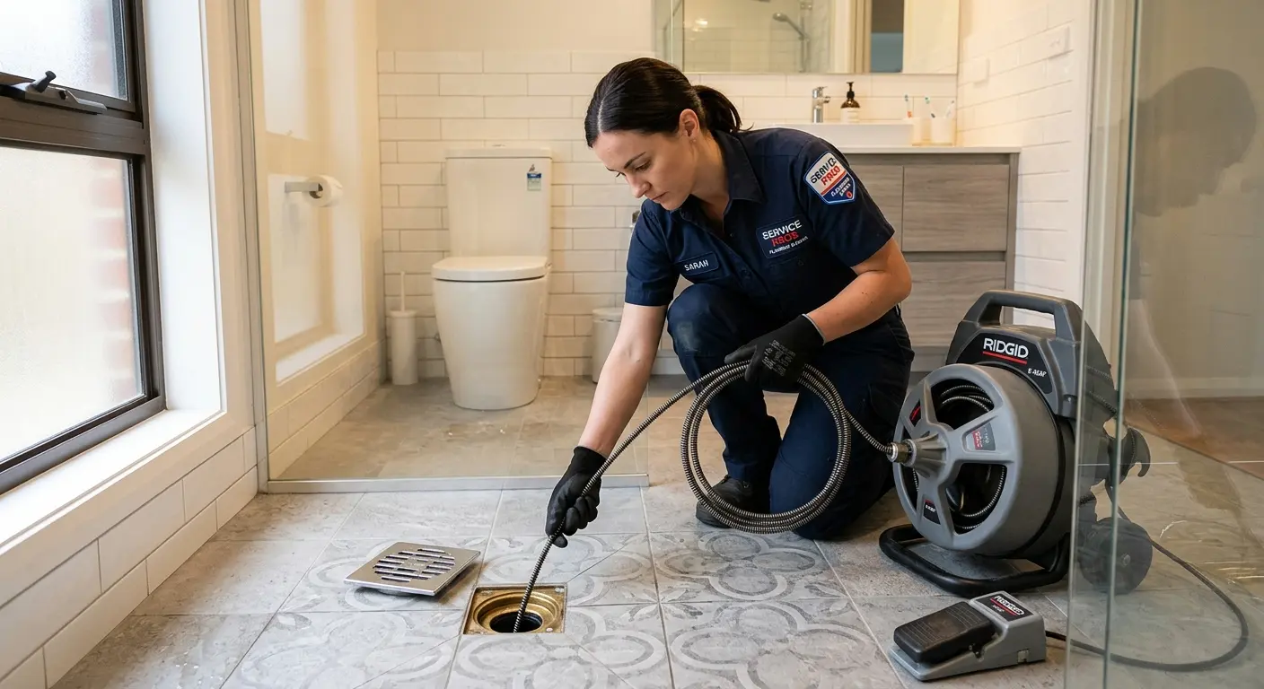 Technician clearing a bathroom floor drain for Clogged Drain Repair in Santa Fe